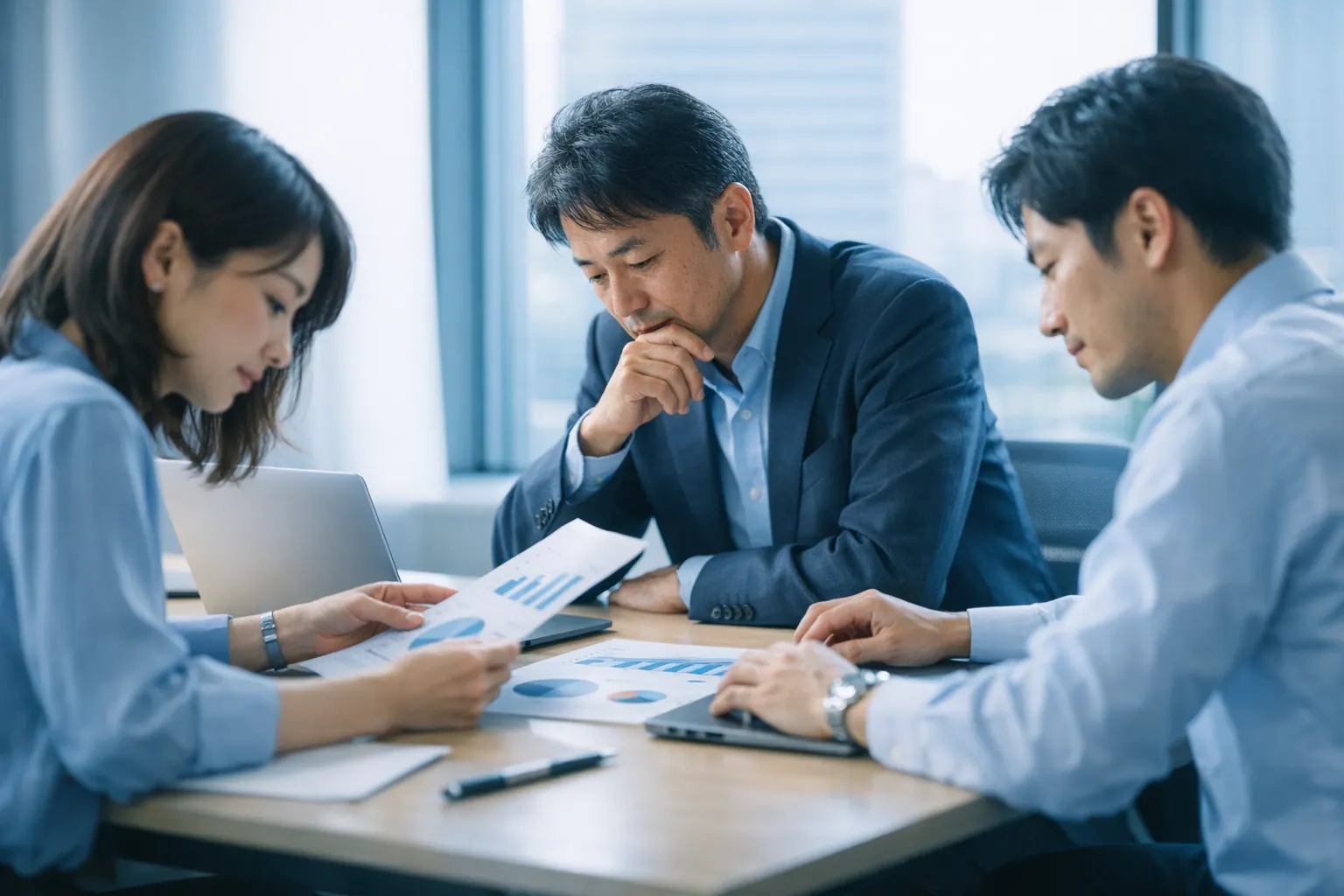 調査資料のグラフを囲んで打ち合わせをする人事担当者たち