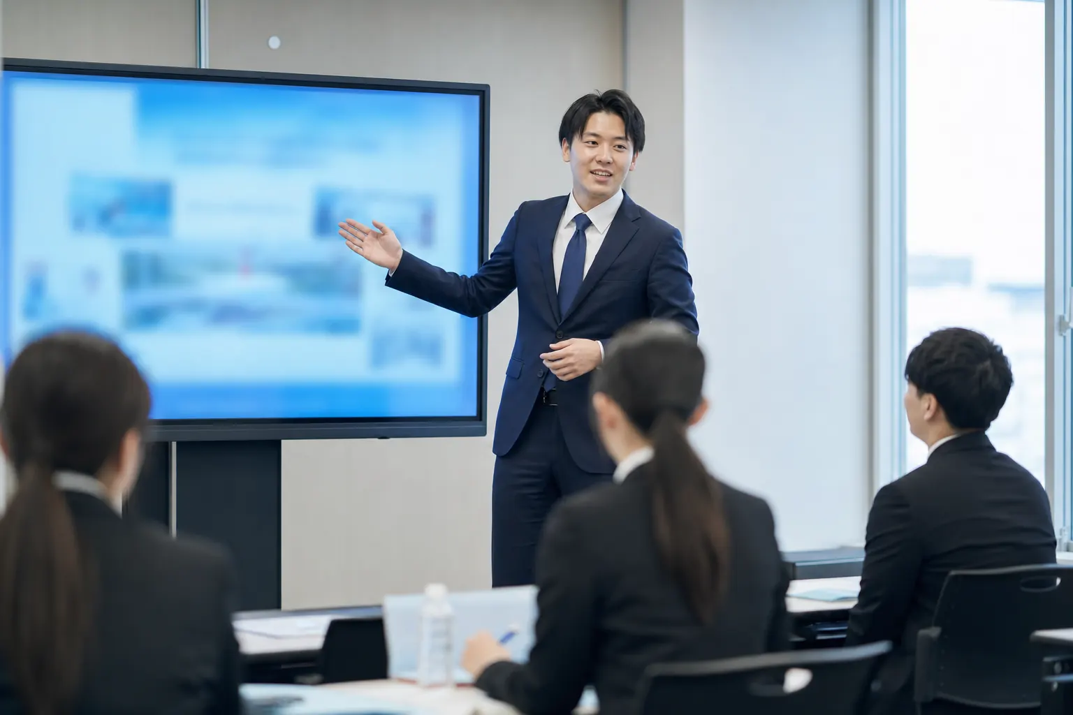 会社紹介スライドを投影して就活生に説明する採用担当者